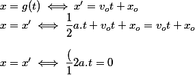 x=g(t)\iff x'=v_ot+x_o
 \\ x=x'\iff \dfrac{1}{2}a.t+v_ot+x_o=v_ot+x_o
 \\ 
 \\ x=x'\iff \dfrac(1}{2}a.t=0
 \\ 